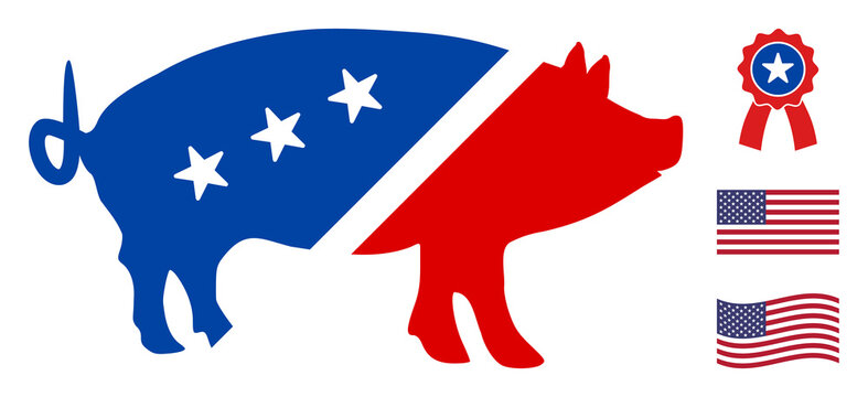 Pork icon in blue and red colors with stars. Pork illustration style uses American official colors of Democratic and Republican political parties, and star shapes. Simple pork vector sign,