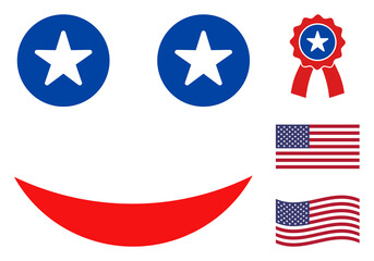 Happy smile icon in blue and red colors with stars. Happy smile illustration style uses American official colors of Democratic and Republican political parties, and star shapes.