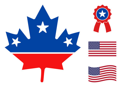 Maple leaf icon in blue and red colors with stars. Maple leaf illustration style uses American official colors of Democratic and Republican political parties, and star shapes.