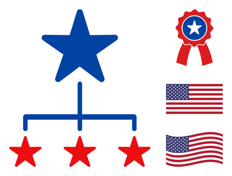 Replication diagram icon in blue and red colors with stars. Replication diagram illustration style uses American official colors of Democratic and Republican political parties, and star shapes.