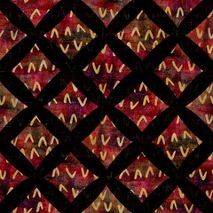 Seamless dark check mosaic block print background. Boho ethnic soft furnishing fabric style. Tie dye decorative grid motif pattern textile. Grunge winter blur raster jpg swatch all over print.