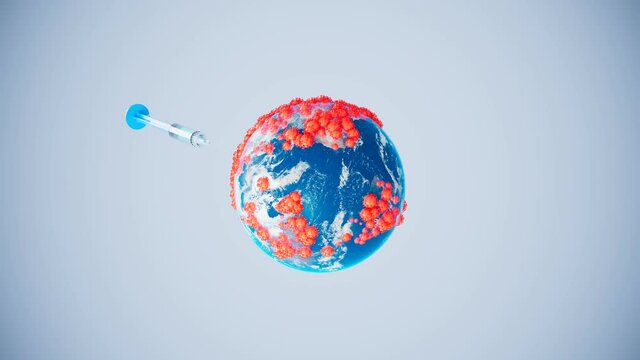 Covid allover the globe. Syringe injects cure. Coronavirus vaccine. Inoculation.