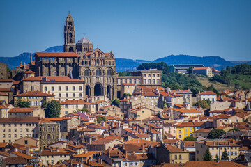 Fototapeta na wymiar A view of the Cathedral and the old town of Le Puy en Velay taken from the St Joseph sanctuary in Espaly (Auvergne, France)