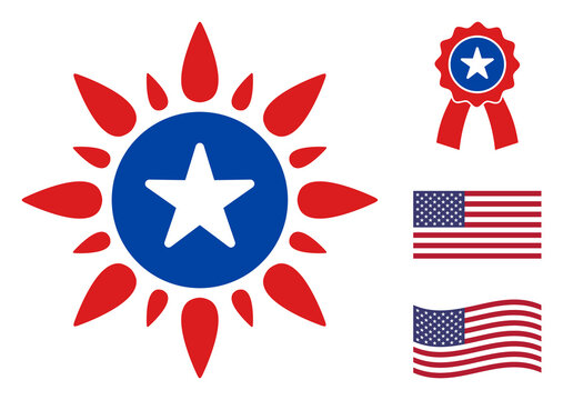 Sunshine icon in blue and red colors with stars. Sunshine illustration style uses American official colors of Democratic and Republican political parties, and star shapes. Simple sunshine vector sign,