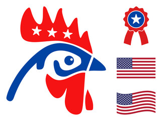 Rooster head icon in blue and red colors with stars. Rooster head illustration style uses American official colors of Democratic and Republican political parties, and star shapes.
