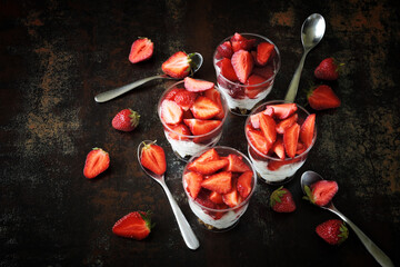Strawberry dessert with chia pudding. Strawberry dessert in cups.
