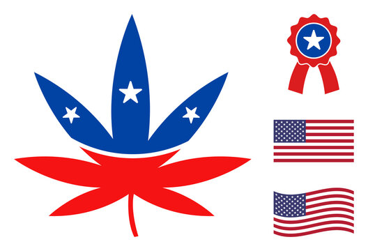 Cannabis icon in blue and red colors with stars. Cannabis illustration style uses American official colors of Democratic and Republican political parties, and star shapes. Simple cannabis vector sign,