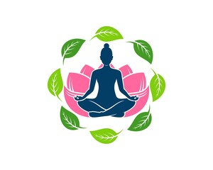 Women yoga with lotus flower and circular nature leaf