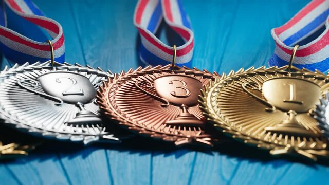 Endless animation of gold, silver and brown medals for winners. Prizes. Trophies