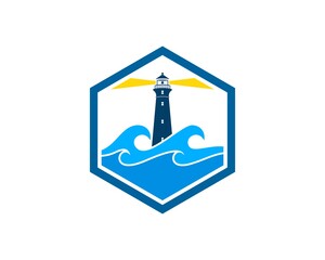 Hexagonal shape with lighthouse and beach wave