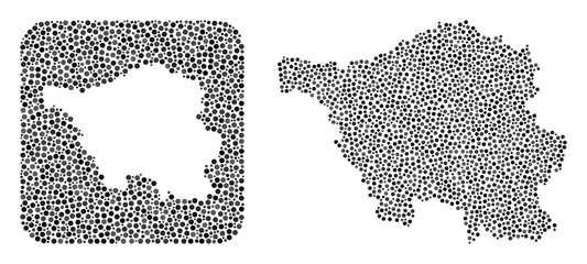 Map of Saarland State collage created with rounded dots and cut out shape. Vector map of Saarland State composition of round dots in different sizes and gray shades. Created for abstract purposes.