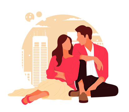 portrait of romantic couple posing in stylish outfits, for valentine's day. flat design concept. vector illustration