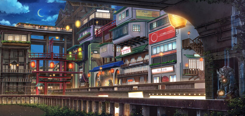 Light City - Night , Anime background , Illustration - obrazy, fototapety, plakaty