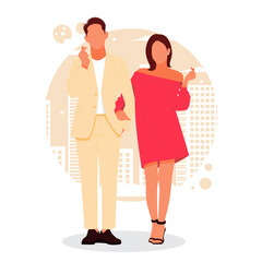 portrait of romantic couple posing in stylish outfits, for valentine's day. flat design concept. vector illustration