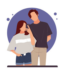 portrait of romantic couple selfie, for valentine's day. flat design vector illustration