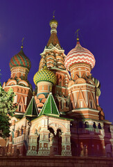 Fototapeta na wymiar St. Basil's Cathedral on red square in night illumination. Medieval Russian architecture, the crosses on the domes, beautiful decor. Brick architecture of the XVI century, a UNESCO monument