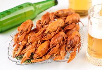 Crayfish-boiled river crayfish on a white background.Space for text.