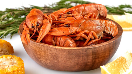 Crayfish-boiled river crayfish on a white background.Space for text.