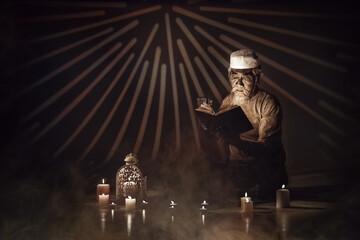 muslim man with gray beard reading islam holy quran book