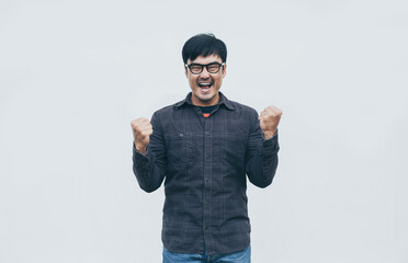 Naklejka premium adult asian man.young male wear eye glasses.posing smiling look excited surprised thinking positive happy joy life.empty,copy space for text advertising.white background.attractive fashion people