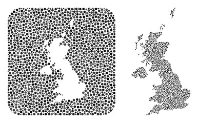 Map of United Kingdom collage designed with circle points and subtracted space. Vector map of United Kingdom collage of circle elements in different sizes and gray color tinges.