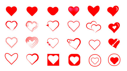 Different style red hearts isolated on white background, collection of heart illustrations, Love symbol icon set, love, Gray line, symbol.