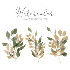 watercolor green leaf illustration with golden foliage set