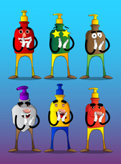 Cartoon bottle of hand sanitizer gel for hygiene with face with clapping hands.