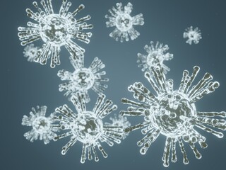 Image of Flu COVID-19 virus-cell under the microscope on the blood.Pandemic medical health crisis disease cell as a 3D render. Social distancing at home.