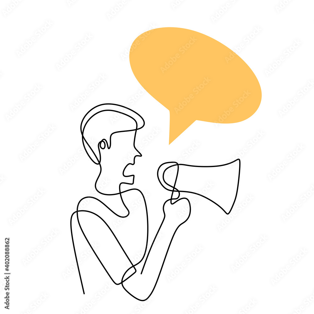 Poster continuous one line drawn a man holding a loudspeaker and speak with blank speech bubble. the concep