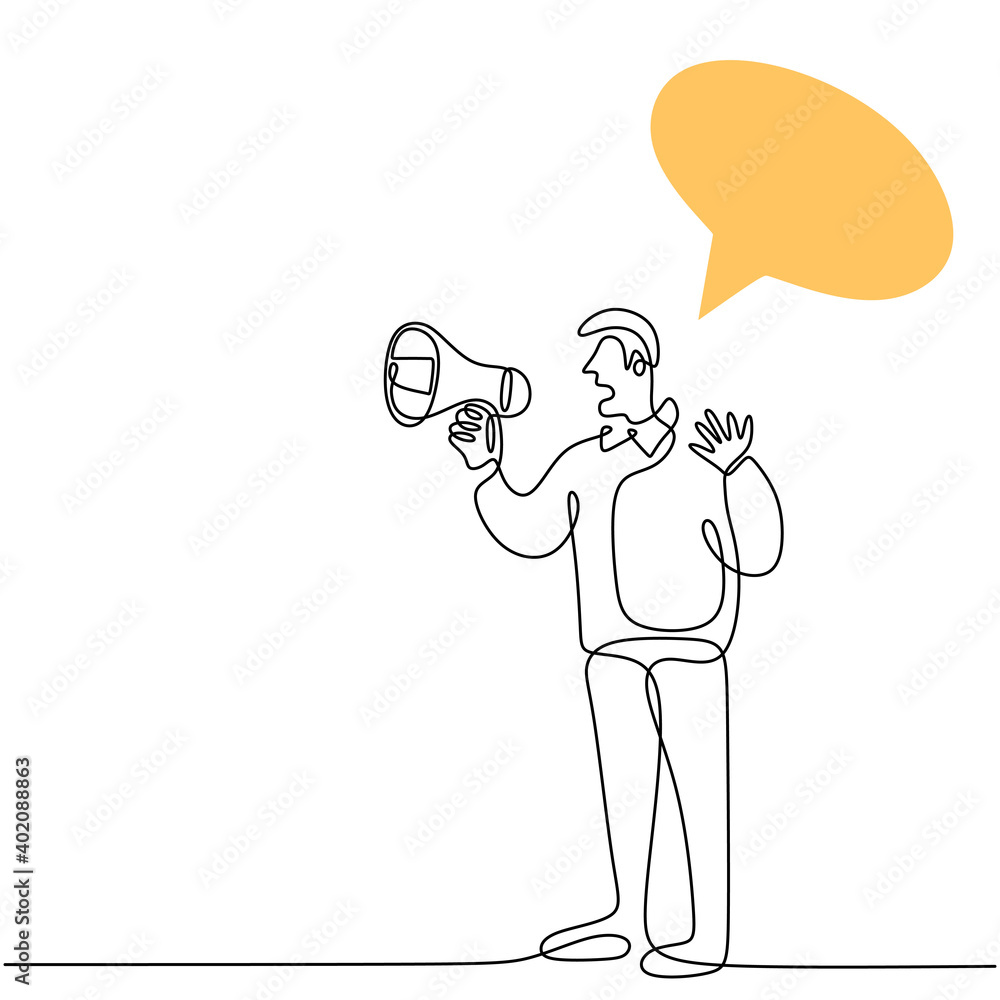 Poster continuous one line drawn a man holding a loudspeaker and speak with blank speech bubble. the concep