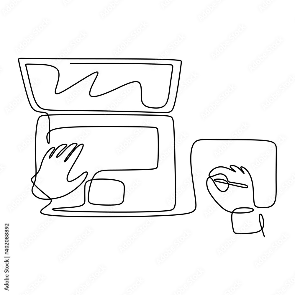 Poster continuous one line drawing of hand typing on laptop keyboard. a people using a computer to sharing 