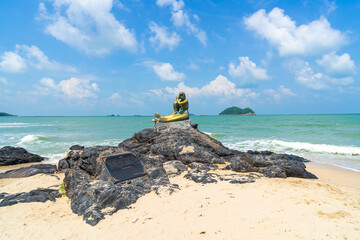 golden mermaid statues on Samila beach. Landmark of Songkla, Thailand.