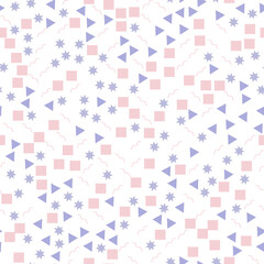 Seamless pattern. Geometric shapes on a white background in a trendy style. Squares, circles, triangles and lines. Pink and purple. Pastel colors for baby textiles. Vector image. Flat style.