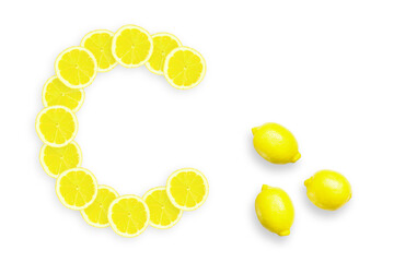Lemon is a natural source of vitamin c . Alphabet letter C made from yellow lemons.