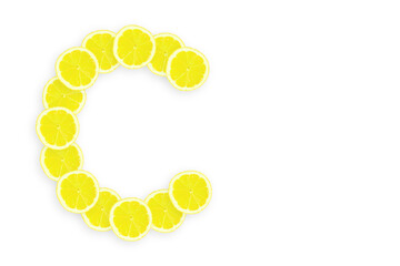 Lemon is a natural source of vitamin c . Alphabet letter C made from yellow lemons.