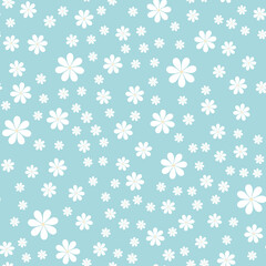 Floral pattern. White chamomileon a green background. The daisies are scattered randomly. Seamless pattern. For textiles or design. Vector illustration. Flat style.