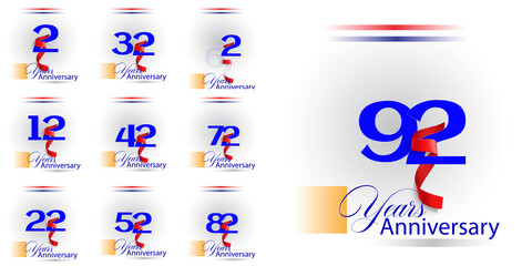 set 2, 12, 22, 32, 42, 52, 62, 72, 72, 82, 92 Year Anniversary celebration Vector Template Design Illustration