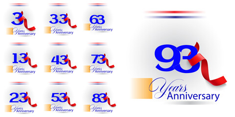 set 3, 13, 23, 33, 43, 53, 63, 73, 83, 93 Year Anniversary celebration Vector Template Design Illustration