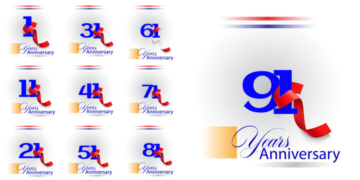 set 1, 11, 21, 31, 41, 51, 61, 71, 81, 91 Year Anniversary celebration Vector Template Design Illustration