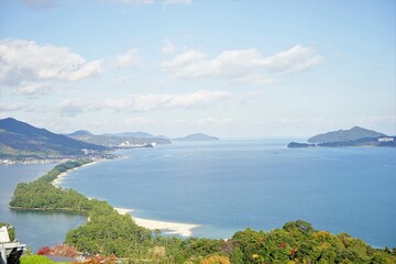 Aerial view of Amanohashidate with red and yellow foliage , Kyoto, Kansai Region, Japan - 京都 日本三景 天橋立 飛龍観	