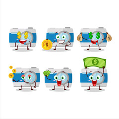 Pocket camera cartoon character with cute emoticon bring money