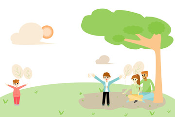 Obraz na płótnie Canvas Parents and children are having fun sitting under the trees in the park. Illustration for content Family activities, holidays, vacations, happiness,