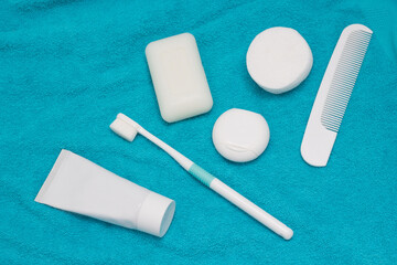 Hygiene and Daily care. Cleaning, bathing accessories. Washing products toothbrush, toothpaste, comb, soap, dental floss