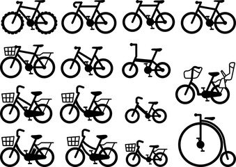 色々な種類の自転車のアイコン、ピクトグラムのセット