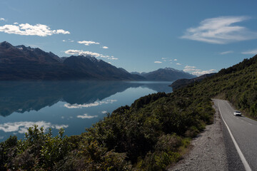 Amazing panoramic view of Lake Wakatipu and the motorway from Queenstown to Glenorchy. New Zeaand, South Island