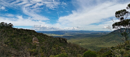 Beautiful panoramic view of mountains and valleys, Narrow Neck Lookout, Blue Mountain National Park, New South Wales, Australia
