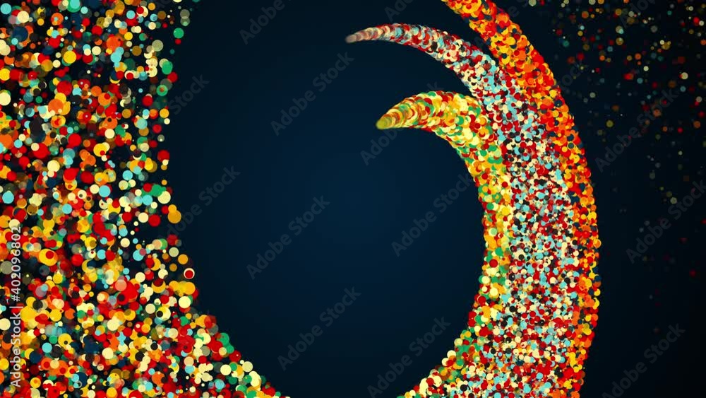 Poster merging three radial stripes of colored particles into a spiral. magical festive effect with bokeh a