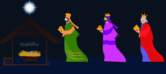 Three kings walking vector illustration. Epiphany is a Christian festival.