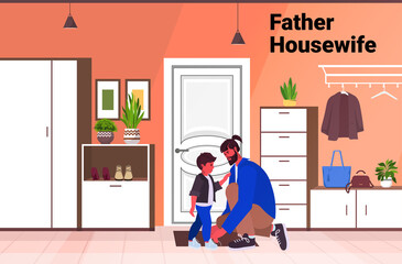 young father tying the laces on child boots parenting fatherhood concept dad spending time with his kid at home full length horizontal copy space vector illustration